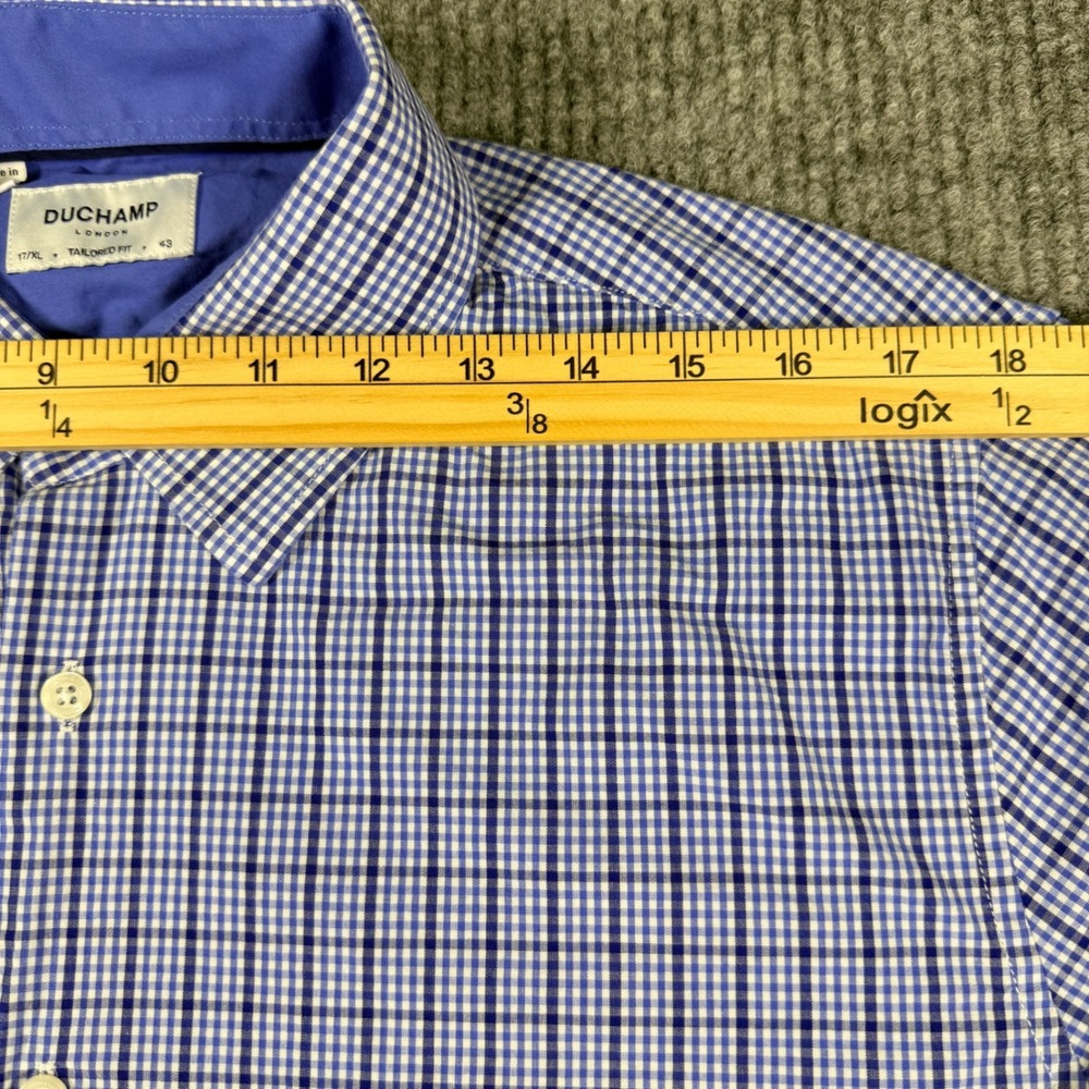 Duchamp London Mens Tailored Fit Gingham Button Down Shirt Blue White 17/XL - Picture 4 of 10